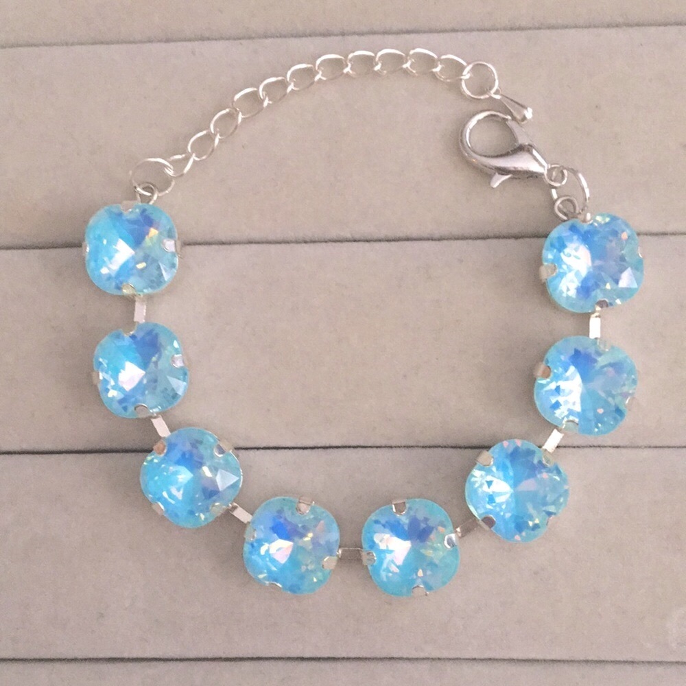 Aquamarine Opal Aurora Borealis + Silver Cushion Cut Crystal Tennis Bracelet